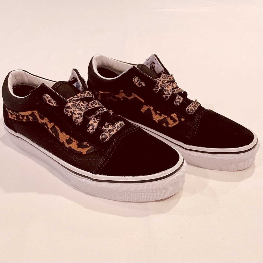 New Vans Leopard Fur Sneakers Girls 3 Old Skool Shoes Black Brown Suede Canvas